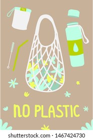 No plastic, zero waste hand drawn cute postcard.  Eco friendly elements for print, poster, postcard, flyer, site design. Vector illustration.