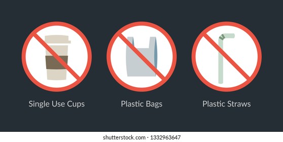 No plastics sign icon set. Stop using single use cup, plastic bags, plastic straws.
