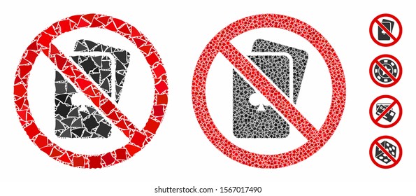 No playing cards mosaic of bumpy items in various sizes and color tints, based on no playing cards icon. Vector trembly items are united into mosaic.