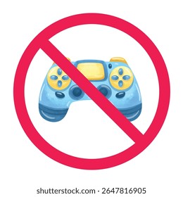 Sinal de não jogar jogos, símbolo de jogo proibido, controlador de jogo com símbolo de círculo cruzado vermelho, ícone parar jogo, sinal de atividade de jogo restrito
