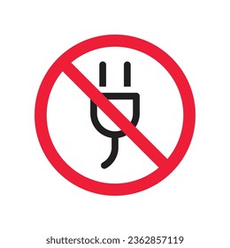 Sin icono de enchufe. Icono de conexión de enchufe prohibido. No conectar el signo vector de enchufe. Icono vectorial de enchufe prohibido. Advertencia, precaución, atención, restricción de diseño plano de señalización. 