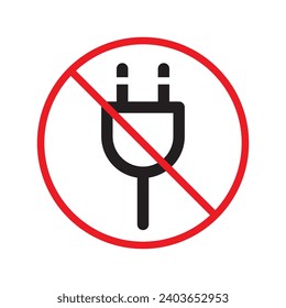 No plug icon. Forbidden plug connection icon. Do not connect plug vector sign. Prohibited plug vector icon. Warning, caution, attention, restriction flat sign design. 