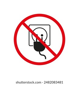 No hay icono de enchufe. Círculo de prohibición rojo. Símbolo de enchufe eléctrico. Restricción de uso de energía.