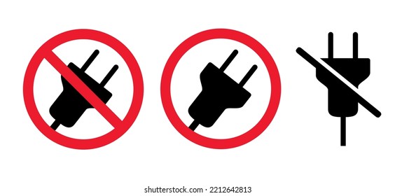 No Plug And Play Symbol. Prohibited Warning Sign. Cartoon Stop No Electric Plug, Voltage. Socket, Electricity. Power Plugs And Cable Signs. Socket Plug Adapter. Wire, Cable Of Energy Icon. 