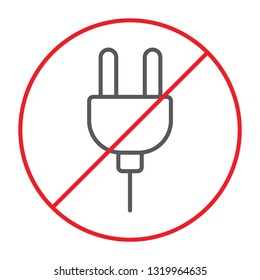 No plug thin line icon, prohibited and forbidden, do not connect sign, vector graphics, a linear pattern on a white background, eps 10.