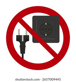 Nenhum sinal de proibição de vetor de Plugging In. Sinal de aviso para manuais, sinalização do local de trabalho, apresentações e materiais de treinamento relacionados à segurança elétrica, zonas de reparo ou acesso restrito à energia