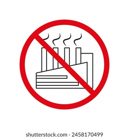 No pollution icon. Vector industrial ban. Smoke-free factory symbol. Prohibited sign design.