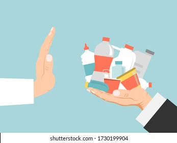 No polymer sign, propaganda banner, hand rejection from plastic material isolated on blue, flat vector illustration. Eco friendly activist, recycling garbage stuff, people environmental protection.