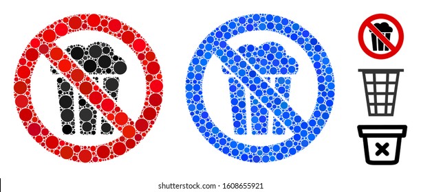 No popcorn bucket mosaic of small circles in variable sizes and shades, based on no popcorn bucket icon. Vector random circles are combined into blue mosaic.