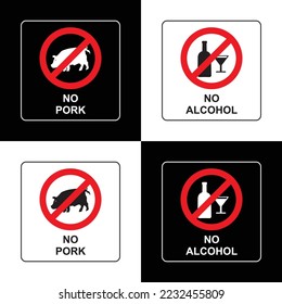 no pork no alcohol sign and symbol black white and red vector