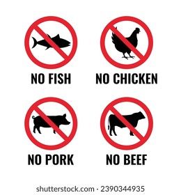No pork, chicken, beef, and fish signs. Prohibitory signs with crossed out pig, hen, cow, and carp, symbols. No animal sign symbol icon collection vector