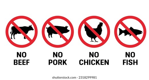 No pork, chicken, fish, and beef meat signs. No animal sign symbol icon collection vector