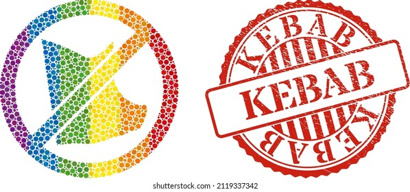 No pork collage icon of spheric blots in various sizes and rainbow multicolored shades. Red round scratched stamp with Kebab text. A dotted LGBT- colored no pork for lesbians, gays, bisexuals,