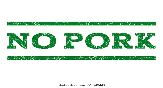 No Pork watermark stamp. Text tag between horizontal parallel lines with grunge design style. Rubber seal stamp with dust texture. Vector green color ink imprint on a white background.