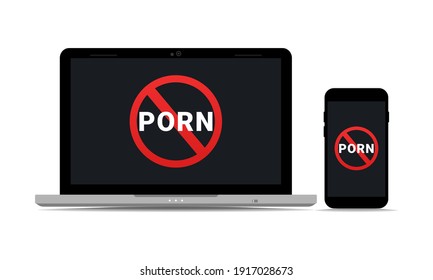No porn icon on laptop and mobile phone screen. Mature video warning. Stop watching  porn campaign. Illustration vector