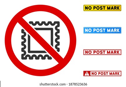 No hay signo Post Mark con títulos en marcos rectangulares. El estilo de ilustración es un símbolo icónico plano dentro de un círculo cruzado rojo sobre un fondo blanco. Simple No Post Mark, signo vectorial, diseñado para reglas,
