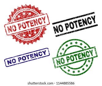 NO POTENCY seal imprints with corroded texture. Black, green,red,blue vector rubber prints of NO POTENCY text with corroded texture. Rubber seals with circle, rectangle, rosette shapes.