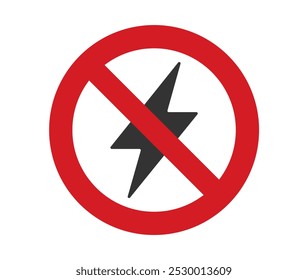 No power, charging. Antistatic material flash icon. Static electricity lightning bolt sign. No electricity warning symbol. No energy power, voltage or electricity logo. Vector illustration image.