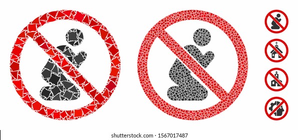 No praying composition of tremulant items in various sizes and color hues, based on no praying icon. Vector rugged items are united into composition. No praying icons collage with dotted pattern.