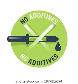 No hay conservantes, aditivos ni pictograma verde sin tinte - pegatina de alimentos orgánicos con cuentagotas - etiqueta de embalaje vectorial en decoración plana