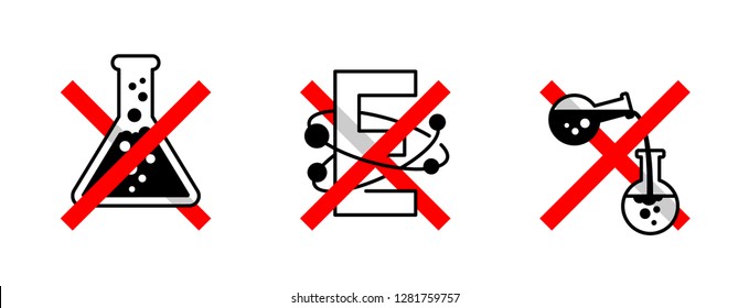No preservatives, no additives, E number and dye free sign - crossed flask and E letter - organic food stickers - set of vector icons 