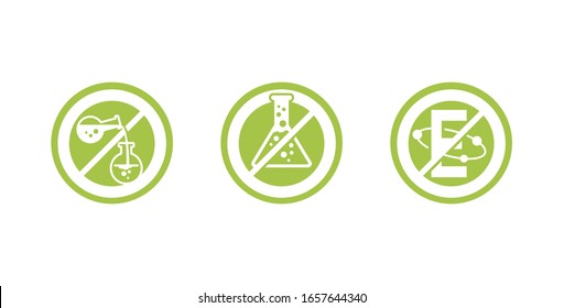 No preservatives, no additives, E number and dye free prohibition sign - green organic food stickers - set of vector icons (labels)