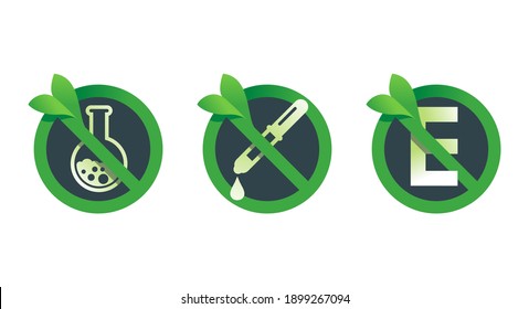 No preservatives, no additives, E number and dye free green signs set - crossed flask and E letter - organic food stickers - vector icons . Vector illustration