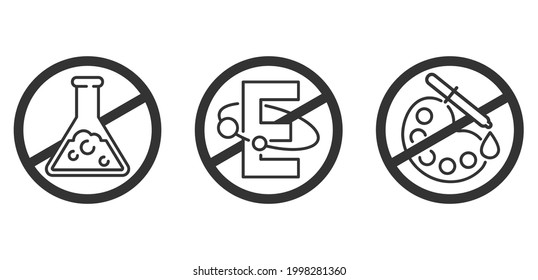 No preservatives, no additives, E number and dye free flat pictograms set - crossed flask and E letter - organic food stickers - vector icons . Vector illustration