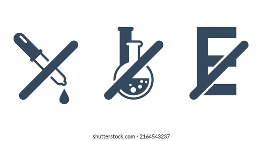 No preservatives, additives with E numbers and dye free flat pictograms set - crossed flask and E letter - organic food stickers - vector icons