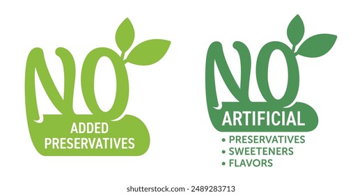 No preservatives, artificial flavors and no added colors. Creative flat label with leaf shape for organic healthy food products.