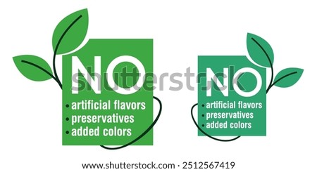 No preservatives, artificial flavors and no added colors. Creative flat rectangular label with leaf shape for organic healthy food products.