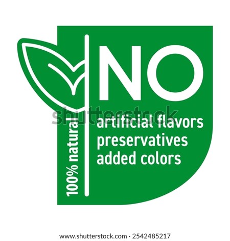 No preservatives, artificial flavors and no added colors. Creative flat label with leaf shape for organic healthy food products.