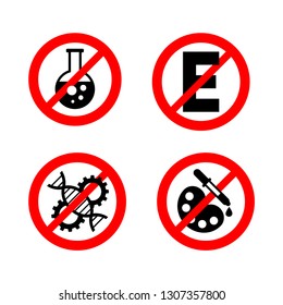 No preservatives, no GMO, no additives, E number and dye free sign - organic food stickers - set of vector icons (labels for packaging)