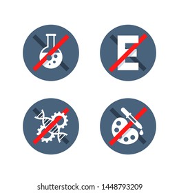 No preservatives, no GMO, no additives, E number and dye free sign set - organic food stickers - vector icons pack (labels for packaging)