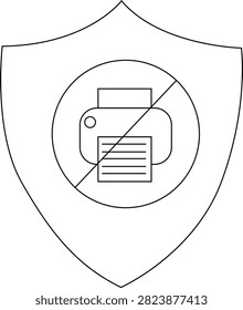A no printing icon A printer crossed out inside a circle placed on a shield shape