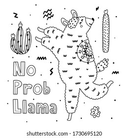 No Prob Llama coloring page with funny alpaca. Black and white background. Great for coloring book, greeting cards. Vector illustration