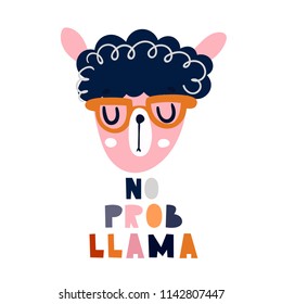 No Prob Llama. Cute llama face. Colored vector illustration