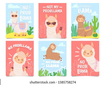 No prob llama posters. Cute llamas have no problems greeting cards, beautiful wildlife animals. Motivation alpaca llama character quote slogan card. Isolated vector illustration icons set