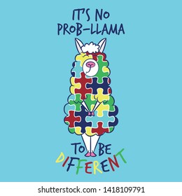 It's no prob-llama to be different. - Cute llama character. Vector illustration of a lined art llama with Autism puzzle piece symbol.