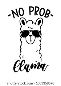 No probllama card isolated on white background. Simple white llama with sunglasses and lettering. Motivational poster for prints, cases, textile or greeting cards. Vector illustration.