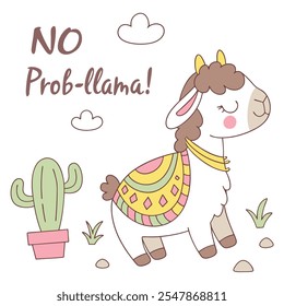 No Prob-Llama: Lindo animal, nubes, diseño plano de Vector de cactus