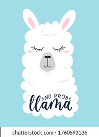 No hay problema con la impresión o tarjeta con la ilustración vectorial de llama. Inscripción caligráfica de pensamiento positivo con carácter alpaca. Frase inspiradora con animal