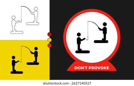Kein Provozieren oder Nicht Provozieren, Vektorsymbol, das "keine Probleme verursachen" oder "Konflikt nicht ködern" symbolisiert. Strichfigur mit Angelhaken, bearbeitbaren EPS in Umrissen, schwarzer Füllung und Farbstilen.