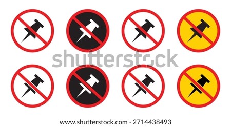 No push pins allowed icon. Red prohibition. prohibited push pin symbol isolated vector illustration red circle no thumbtack sign restriction warning.
