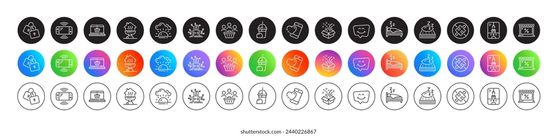 No puzzle, Puzzle options and Sunset line icons. Round icon gradient buttons. Pack of Locks, Ice cream milkshake, Mattress icon. Gift, Sleep, Home grill pictogram. Vector