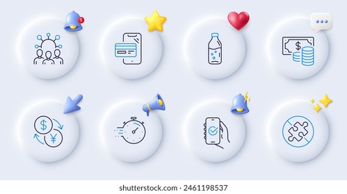 No puzzle, Squad and Approved app line icons. Buttons with 3d bell, chat speech, cursor. Pack of Water bottle, Coins banknote, Online shopping icon. Timer, Currency exchange pictogram. Vector