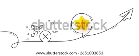 No QR code line icon. Continuous line with share plane. Scan barcode sign. Stop or cancel certificate symbol. 3d star in speech bubble. Qr code single line ribbon. Loop curve pattern. Vector