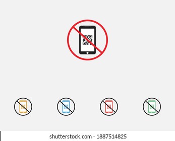 NO QR code scanner. QR code in smartphone. QR scanning, mobile app, online information. Prohibition icon.Negative, No icon. Forbidden sign