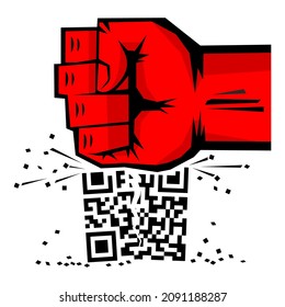 No QR-code Poster. Powerful Fist Breaks QR Code. Vector On Transparent Background