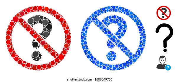 No questions composition of spheric dots in variable sizes and color tones, based on no questions icon. Vector dots are grouped into blue composition.
